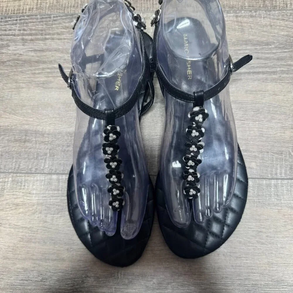 Marc Fisher Black Leather T Strap Embellished Sandal Women's Size 7.5